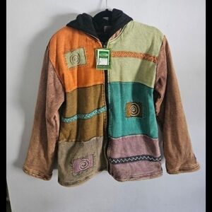 Multicolor Patchwork Teddy Hooded Jacket/Sweatshirt By Kyber NWT